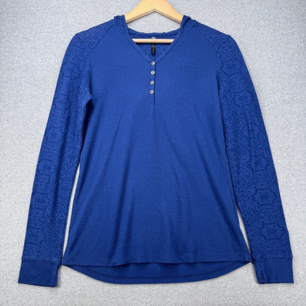 Kuhl Hooded Henley Top Womens Small Blue Waffle Knit Long Sleeve Gorpcore